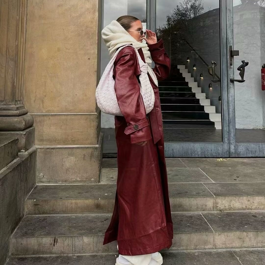 Manteau long trench en simili cuir