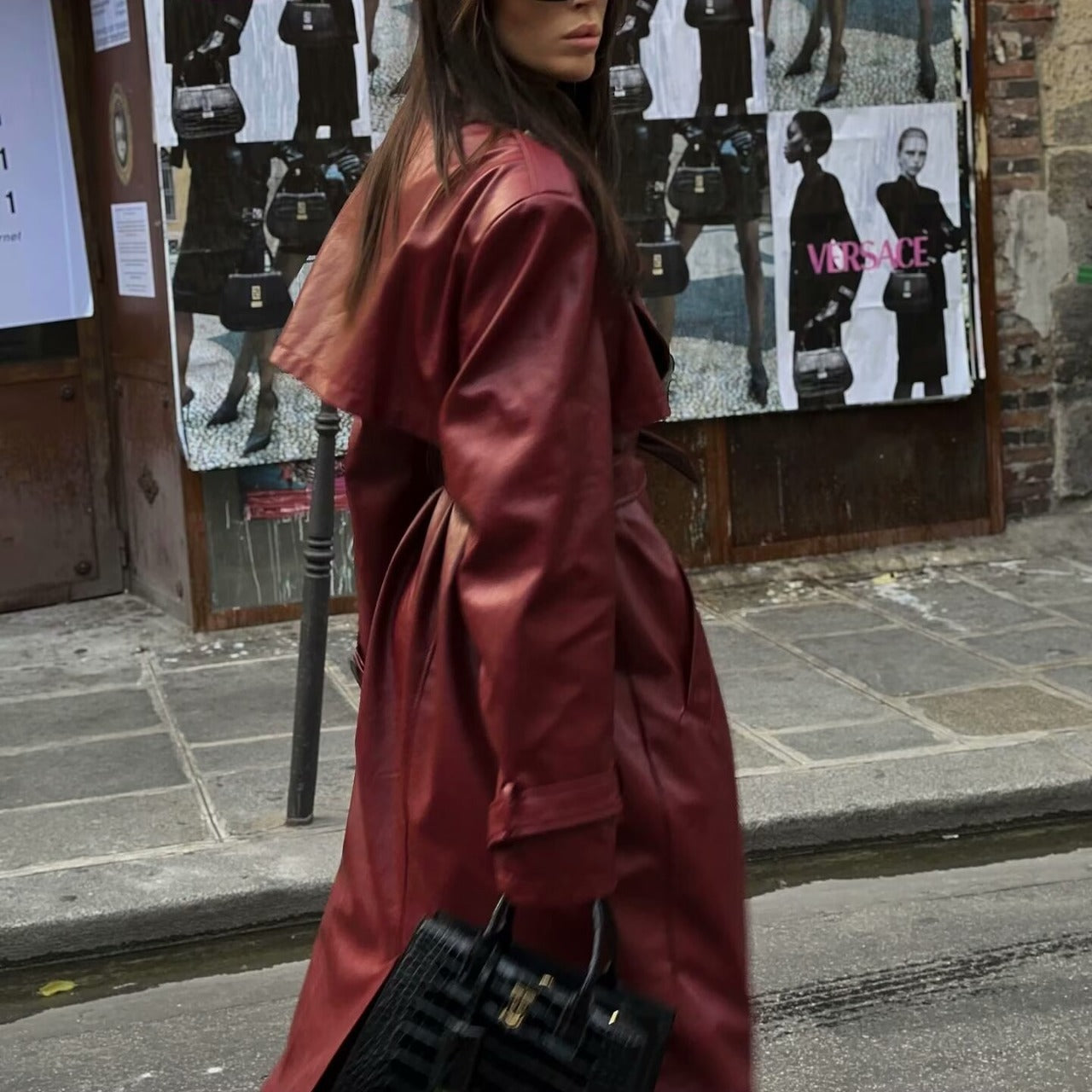 Manteau long trench en simili cuir