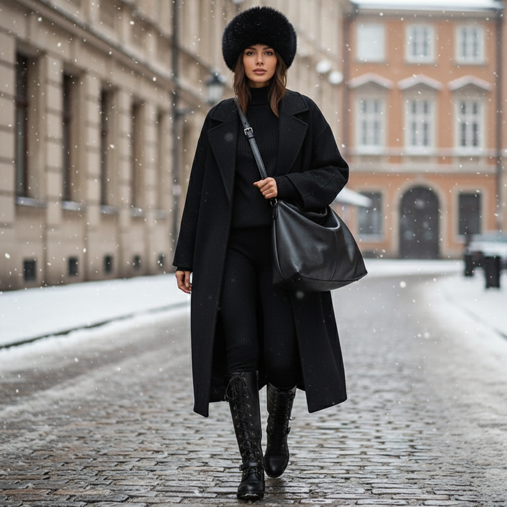 Femme dans la rue en hiver qui porte une tenue full black