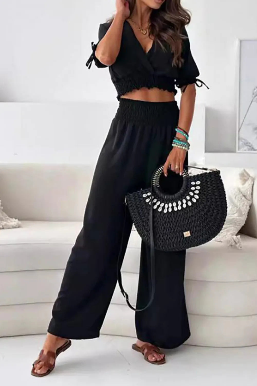 Ensemble haut cache-cœur manches courtes et pantalon
