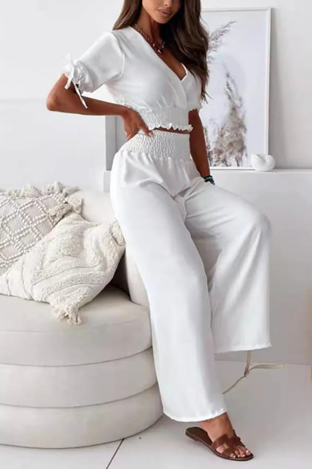 Ensemble haut cache-cœur manches courtes et pantalon