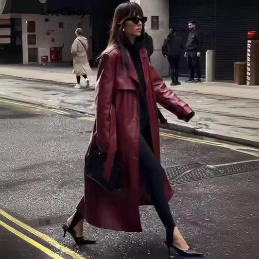 Manteau long trench en simili cuir