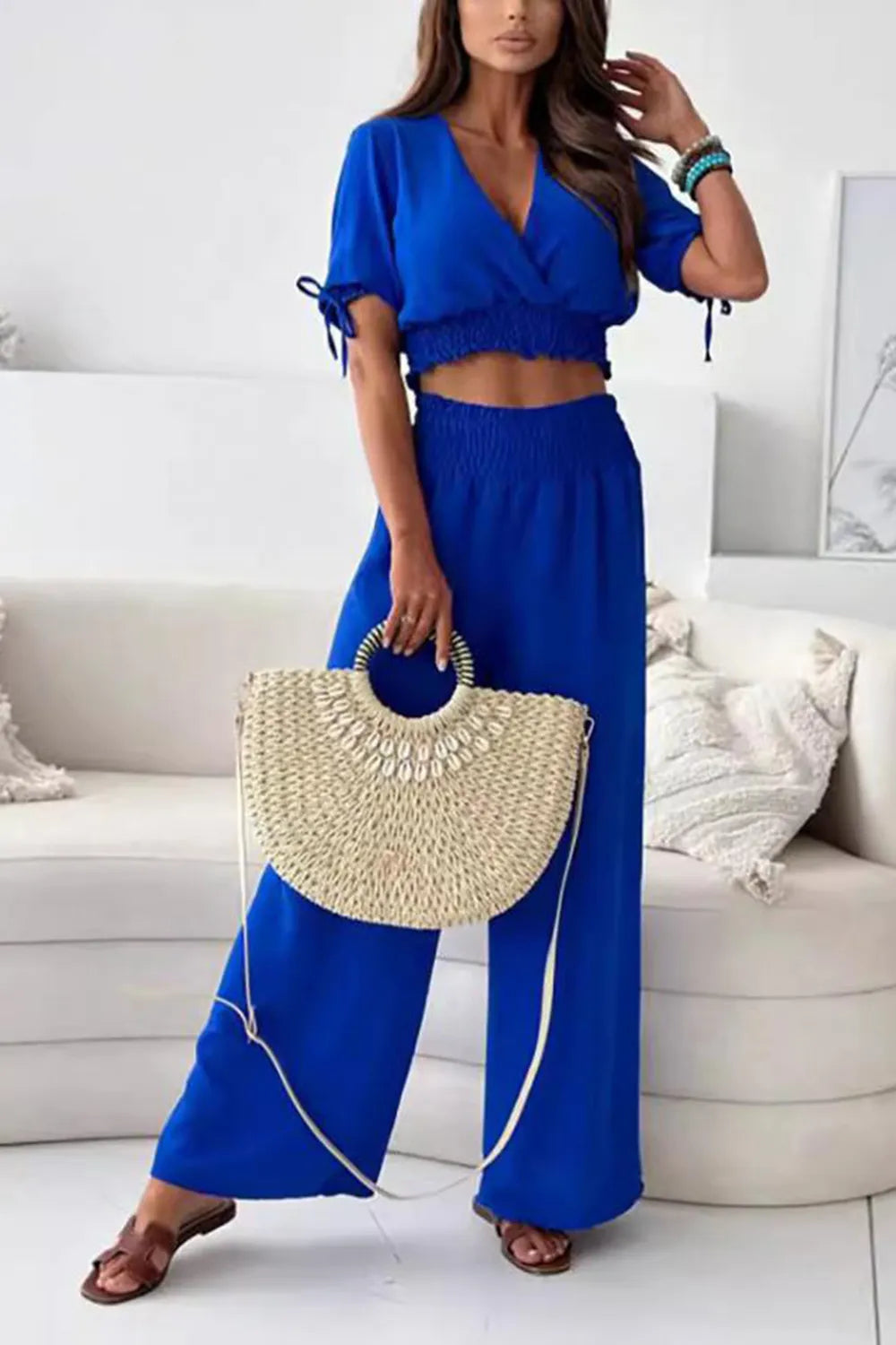 Ensemble haut cache-cœur manches courtes et pantalon