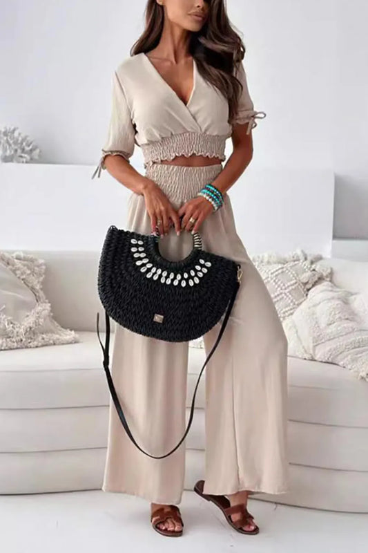 Ensemble haut cache-cœur manches courtes et pantalon