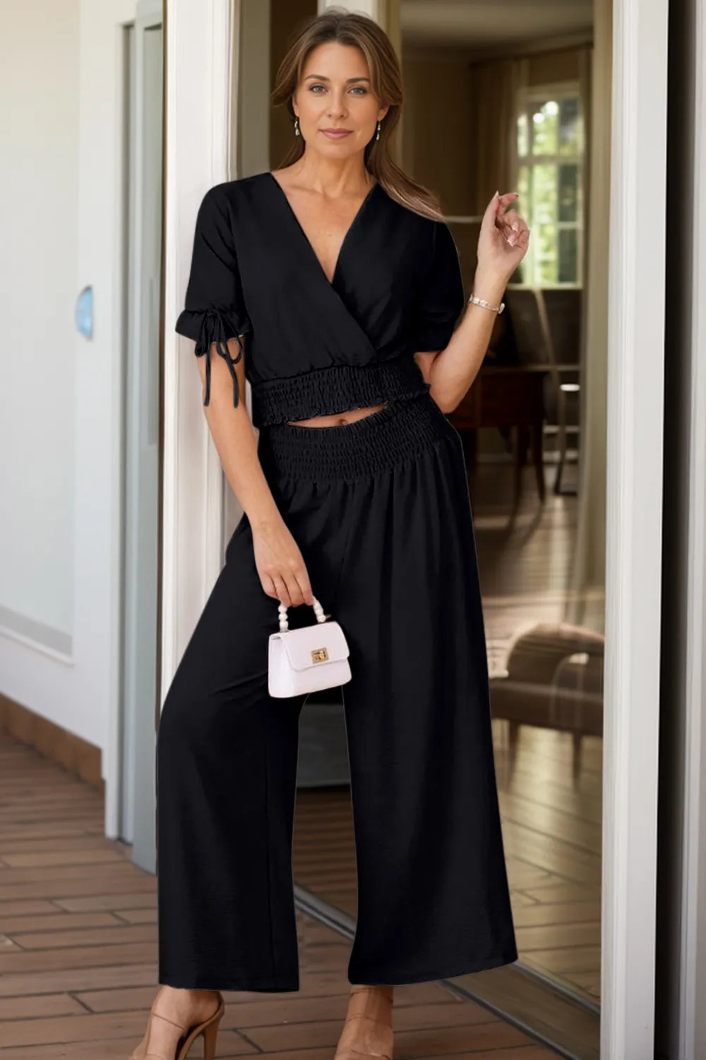 Ensemble haut cache-cœur manches courtes et pantalon