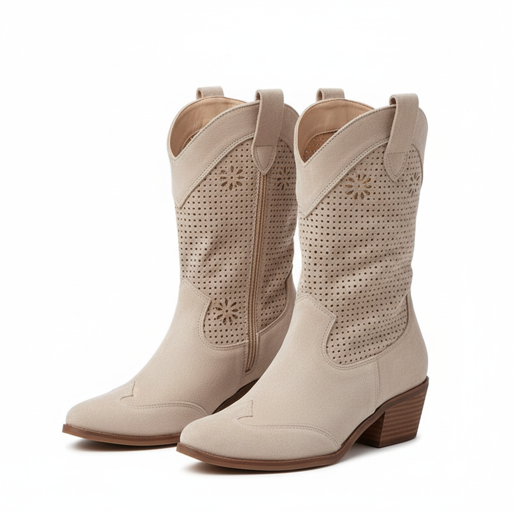 Botte Rubis - Bottines beige suédine sur fond blanc