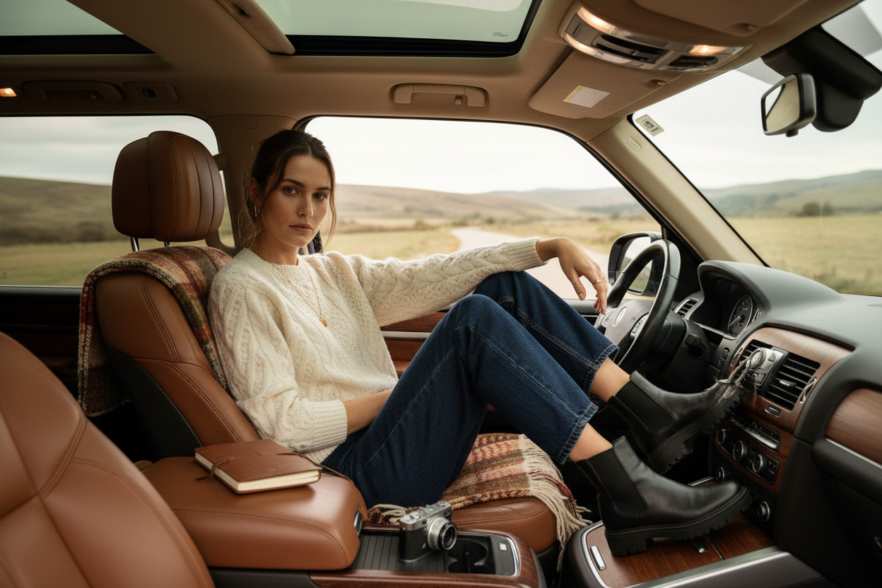 Femme dans sa voiture portant le jean Eden, les bottes Shelsy et le pull Freya